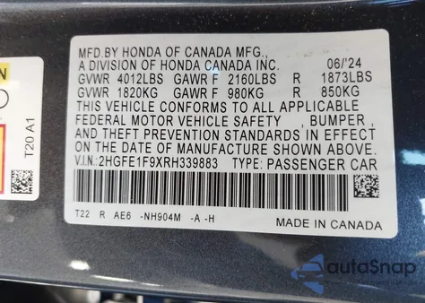 2024 Honda Civic Touring from USA, damaged, VIN 2HGFE1F9XRH339883